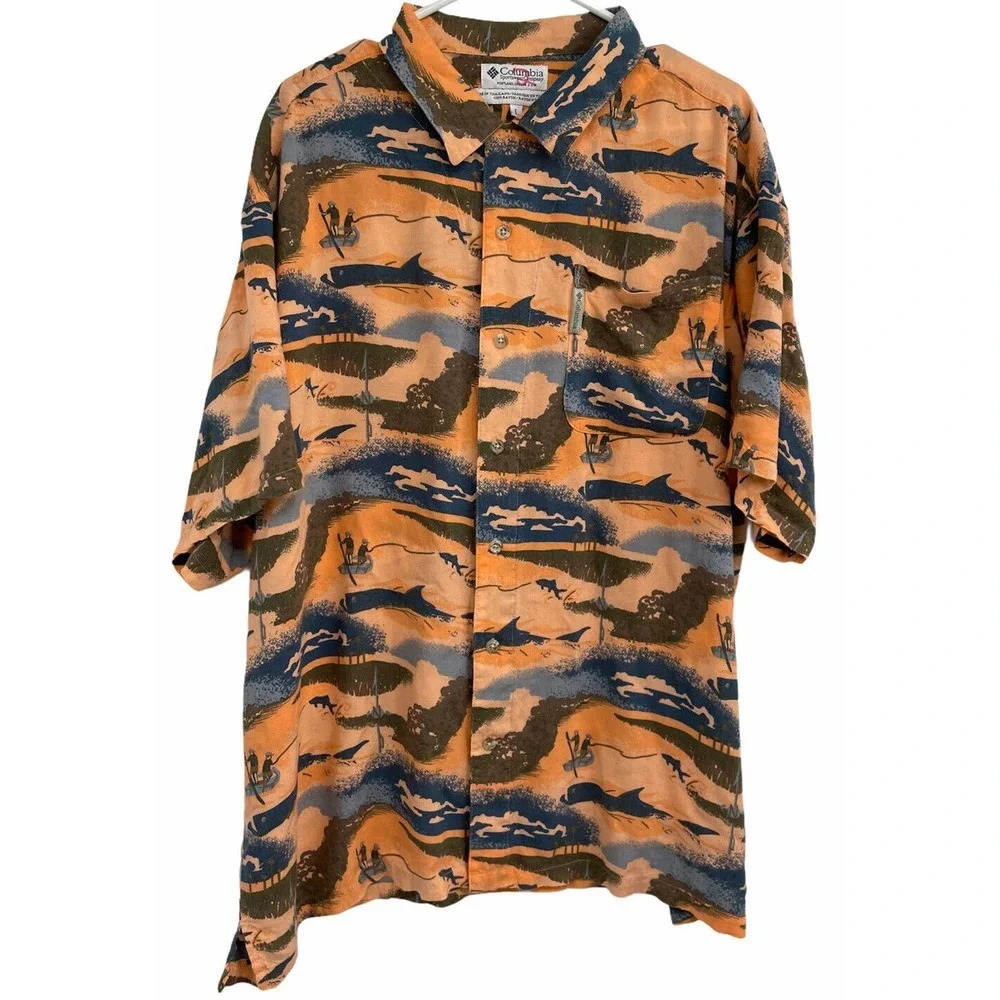 Vtg Columbia Sportswear Mens Shirt Size L Hawaiian Camp Fish Short Sleeve Orange